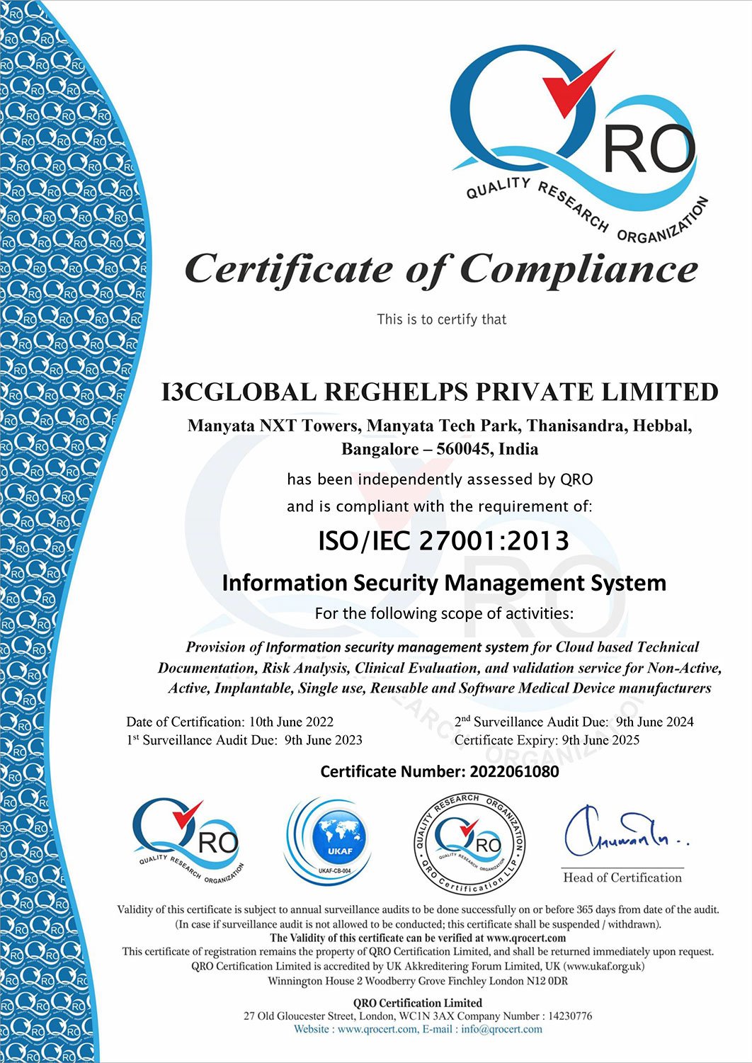 I3CGLOBAL REGHELPS PRIVATE LIMITED QRO UKAF 27001 2022061080